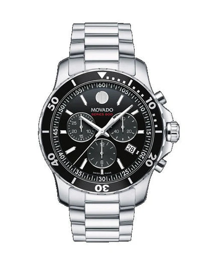 Movado Series 800 Chronograph Black Dial Silver Steel Strap Watch- 2600142