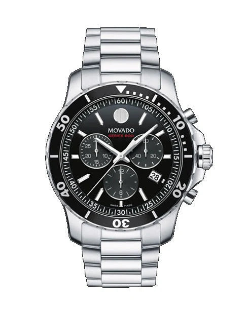 Movado Series 800 Chronograph Black Dial Silver Steel Strap Watch- 2600142