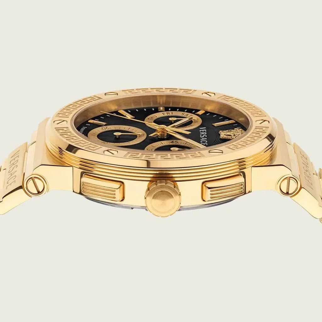 Versace Greca Chronograph Black Dial Gold Steel Strap Watch - VEZ900421