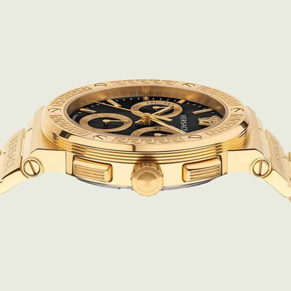 Versace Greca Chronograph Black Dial Gold Steel Strap Watch - VEZ900421
