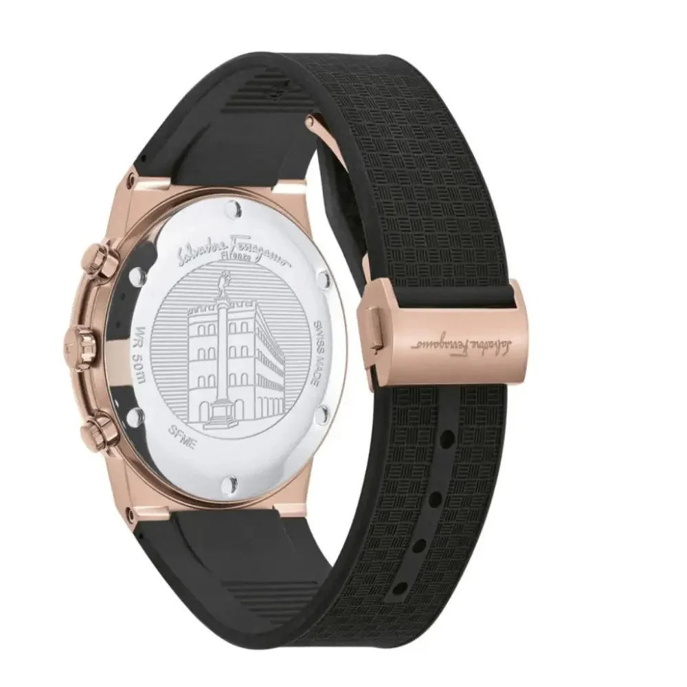 Salvatore Ferragamo Sapphire Chrono Black Dial Black Rubber Strap Watch- SFME00721