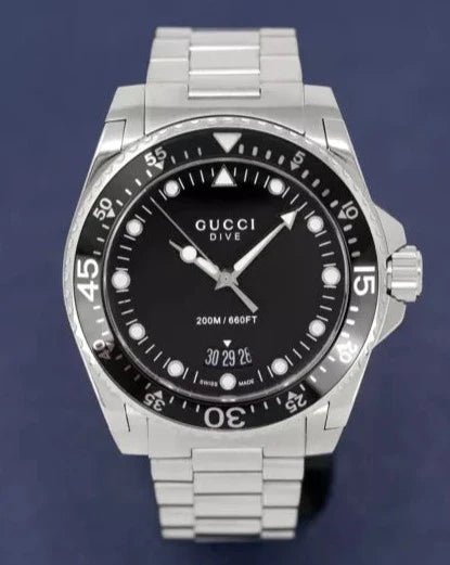 Gucci Dive Quartz Black Dial Silver Steel Strap Watch - YA136301B