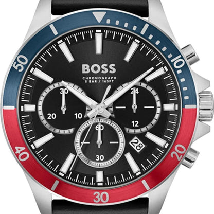 Hugo Boss Troper Chronograph Black Dial Black Leather Strap Watch - 1514099