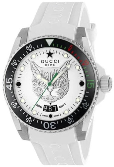 Gucci Dive Tiger White Dial White Rubber Strap Watch - YA136329