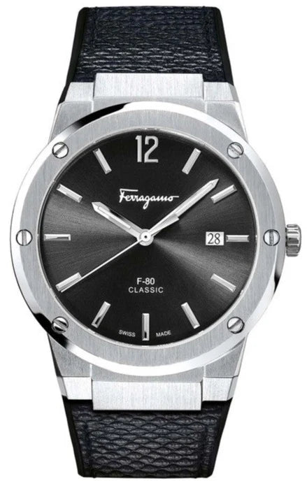 Salvatore Ferragamo F-80 Classic Black Dial Black Leather Strap Watch- SFDT00619
