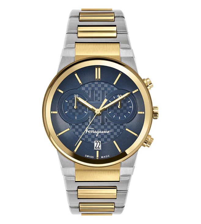 Salvatore Ferragamo Sapphire Chrono Blue Dial Two Tone Steel Strap Watch- SFME00521