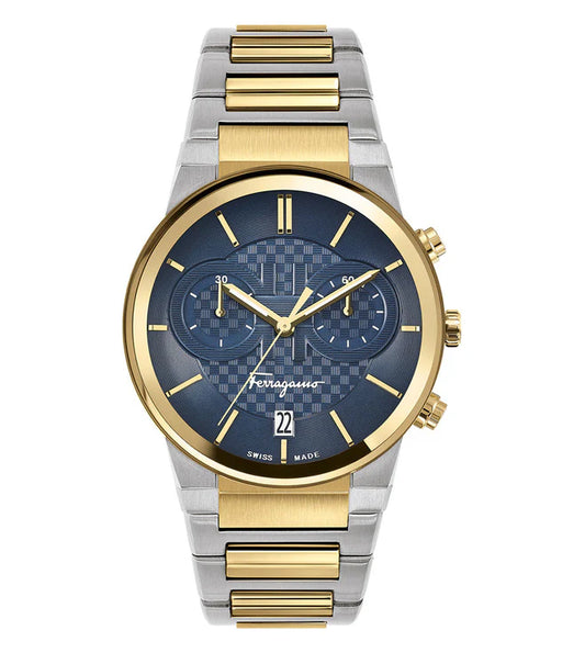 Salvatore Ferragamo Sapphire Chrono Blue Dial Two Tone Steel Strap Watch- SFME00521