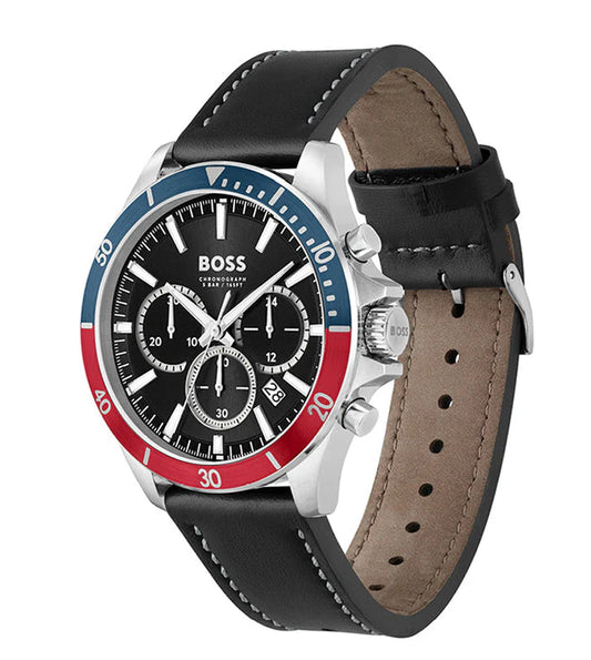 Hugo Boss Troper Chronograph Black Dial Black Leather Strap Watch - 1514099