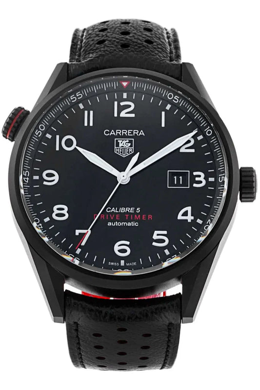 Tag Heuer Carrera Calibre 5 Drive Timer Black Dial Black Leather Strap Watch- WAR2A80.FC6337