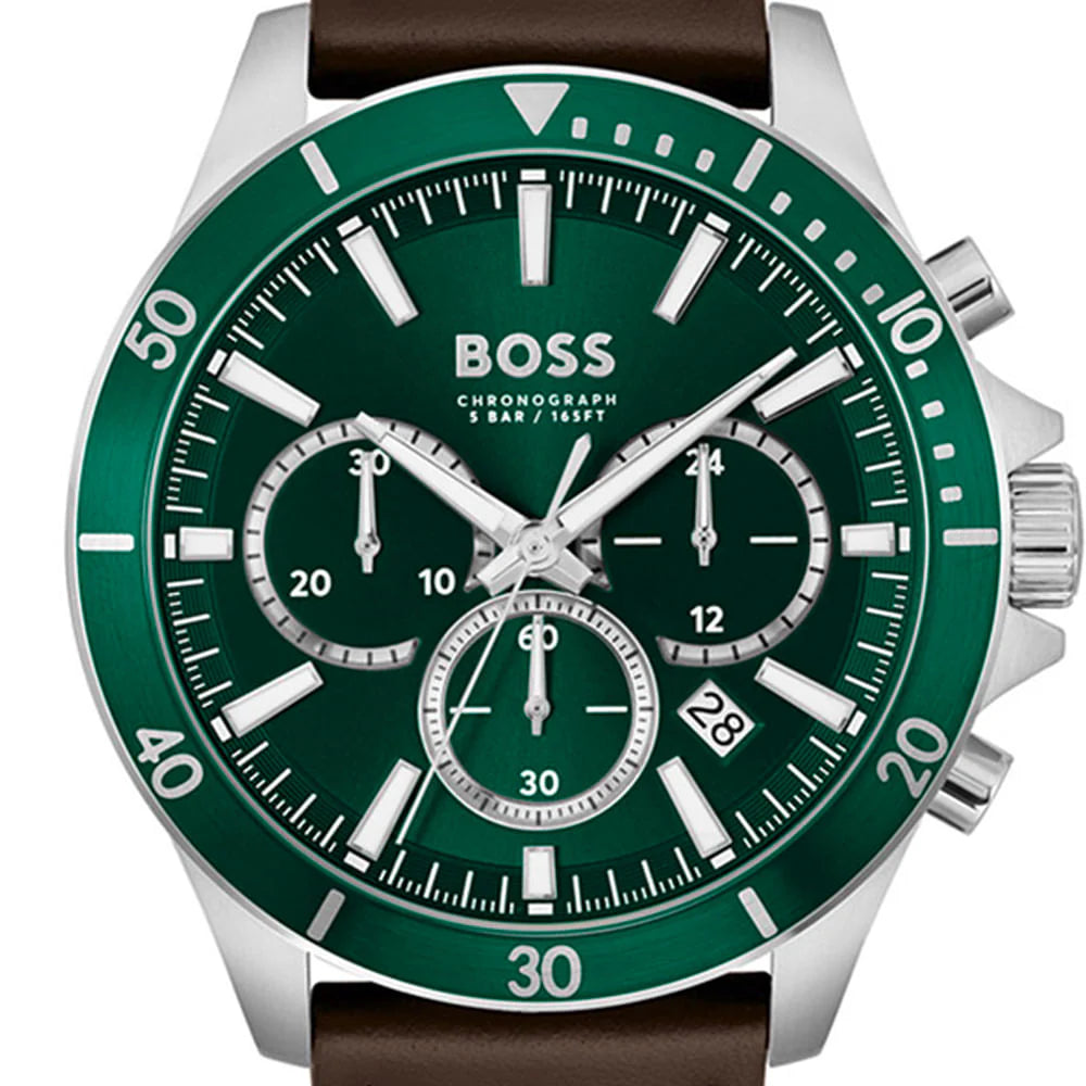 Hugo Boss Troper Chronograph Green Dial Brown Leather Strap Watch - 1514098
