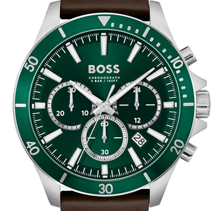 Hugo Boss Troper Chronograph Green Dial Brown Leather Strap Watch - 1514098
