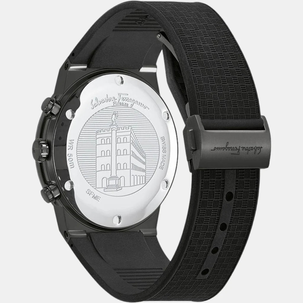 Salvatore Ferragamo Sapphire Chrono Black Dial Black Rubber Strap Watch- SFME00621