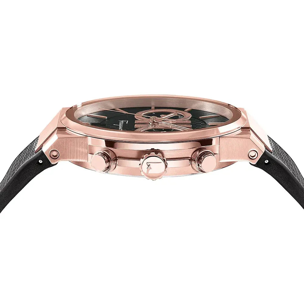 Salvatore Ferragamo Sapphire Chrono Black Dial Black Rubber Strap Watch- SFME00721