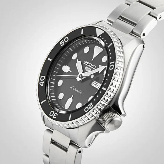 Seiko 5 Sports Automatic Day Date Black Dial Silver Steel Strap Watch f - SRPD55K1