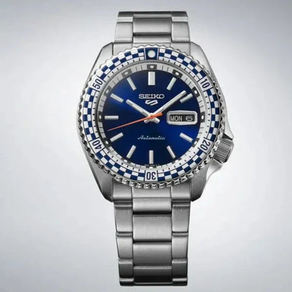 Seiko 5 Sports Petrol Blue Checker Flag Special Edition Blue Dial Silver Steel Strap Watch - SRPK65K1