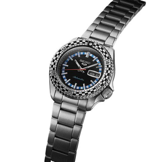 Seiko 5 Sports Checker Flag Special Edition Black Dial Silver Steel Strap Watch- SRPK67K1