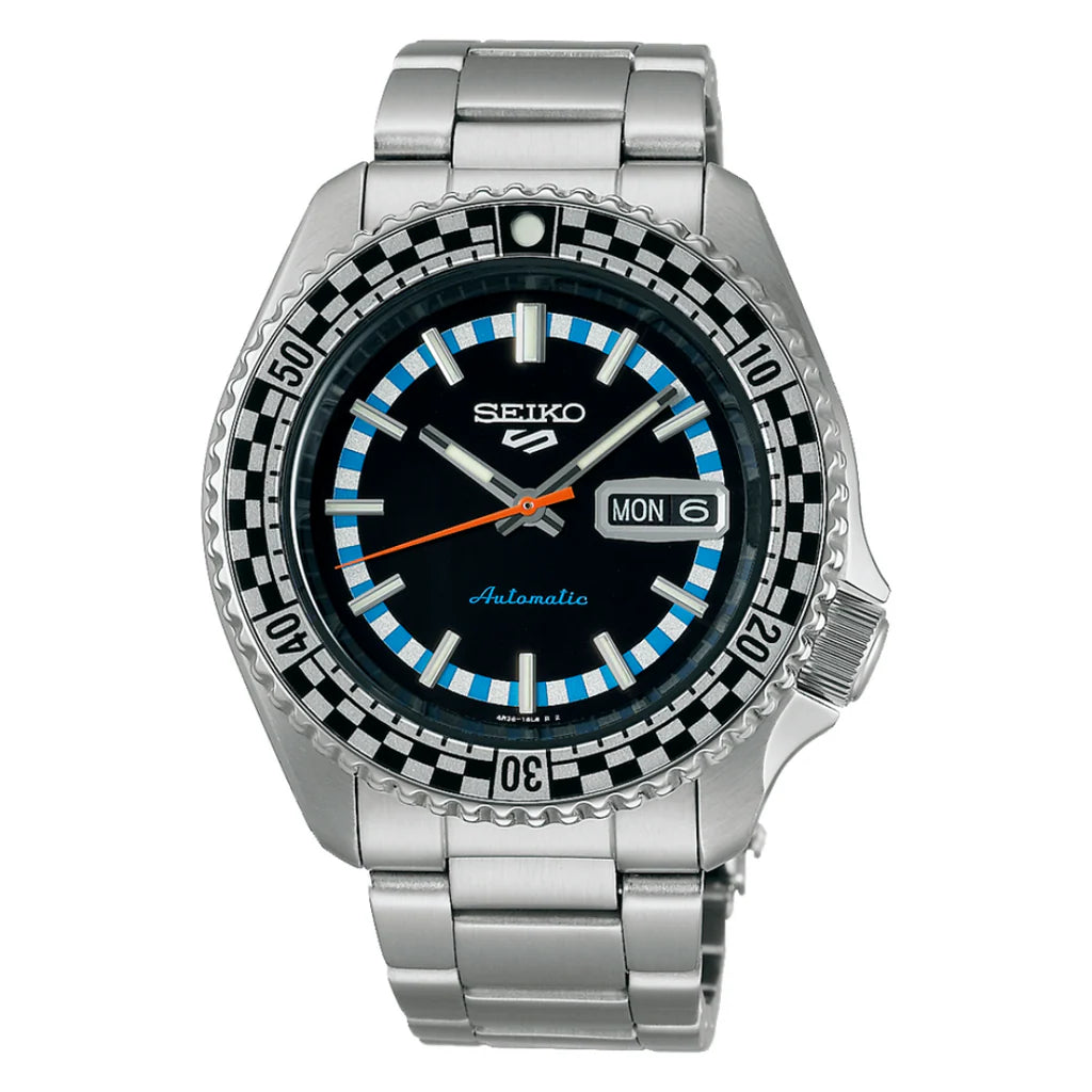 Seiko 5 Sports Checker Flag Special Edition Black Dial Silver Steel Strap Watch- SRPK67K1