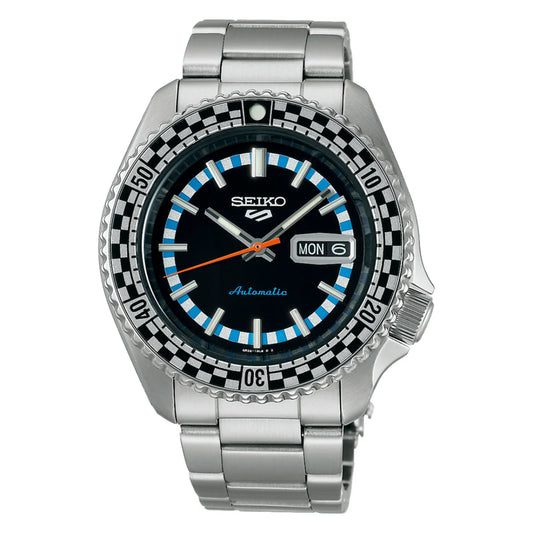 Seiko 5 Sports Checker Flag Special Edition Black Dial Silver Steel Strap Watch- SRPK67K1