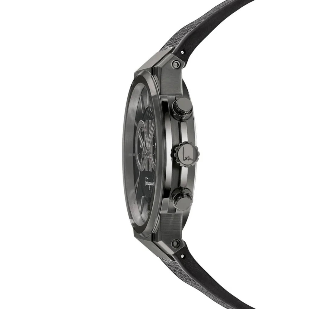 Salvatore Ferragamo Sapphire Chrono Black Dial Black Rubber Strap Watch- SFME00621