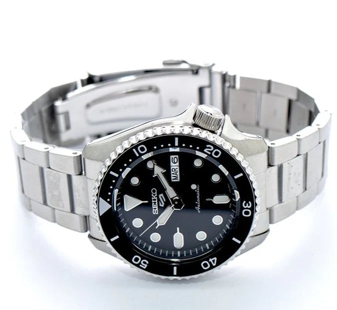 Seiko 5 Sports Automatic Day Date Black Dial Silver Steel Strap Watch f - SRPD55K1