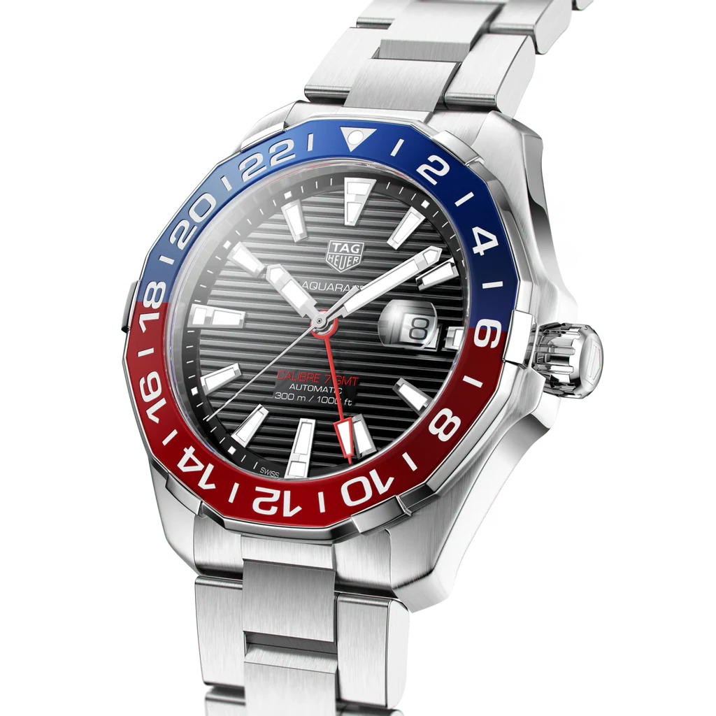Tag Heuer Aquaracer GMT Caliber 7 Pepsi Black Dial Silver Steel Strap Watch- WAY201F.BA0927