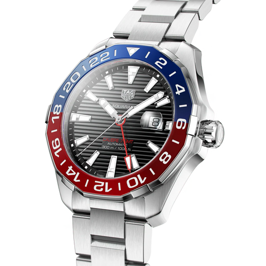 Tag Heuer Aquaracer GMT Caliber 7 Pepsi Black Dial Silver Steel Strap Watch- WAY201F.BA0927