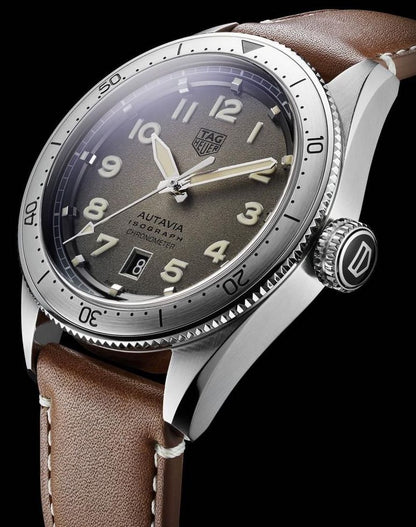 Tag Heuer Autavia Isograph Grey Dial Calfskin Brown Leather Strap Watch- WBE5111.FC8267