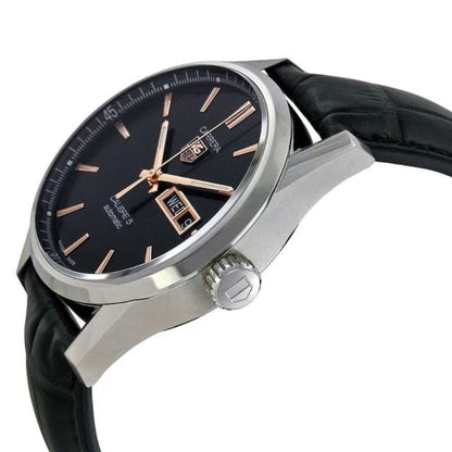 Tag Heuer Carrera Calibre 5 Automatic Black Dial Black Leather Strap Watch- WAR201C.FC6266