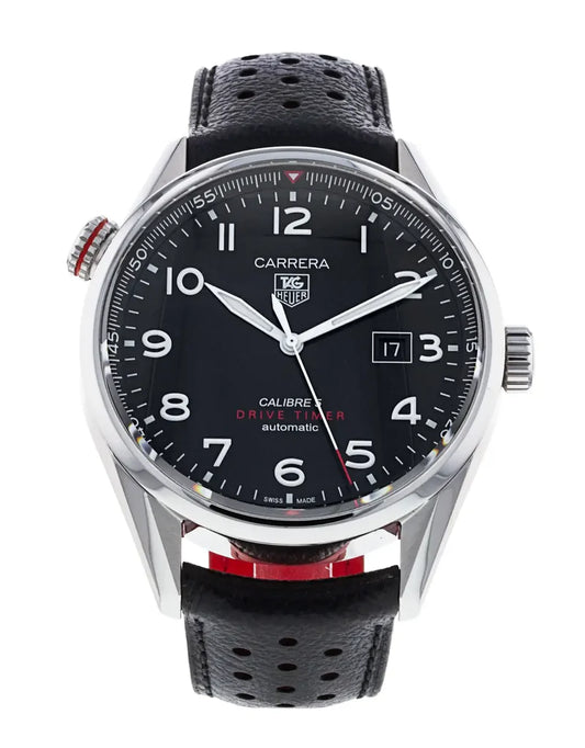 Tag Heuer Carrera Calibre 5 Drive Timer Black Dial Black Leather Strap Watch- WAR2A10.FC6337