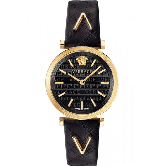 Versace V-Twist Black Dial Black Leather Strap Watch- VELS00619