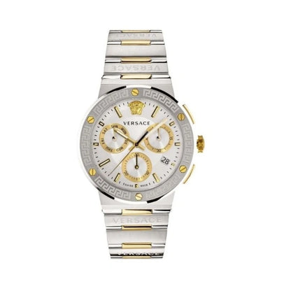 Versace Greca Chronograph White Dial Two Tone Steel Strap Watch- VEZ900321