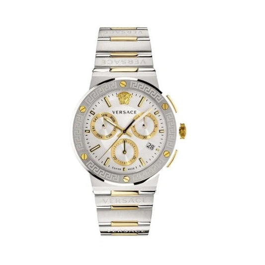 Versace Greca Chronograph White Dial Two Tone Steel Strap Watch- VEZ900321