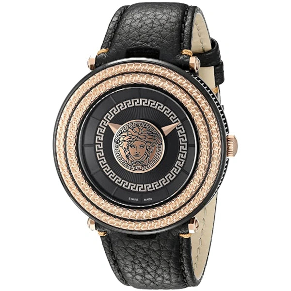 Versace V-Metal Icon Black Dial Black Leather Strap Watch- VQL030015