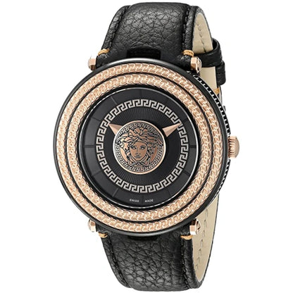 Versace V-Metal Icon Black Dial Black Leather Strap Watch- VQL030015