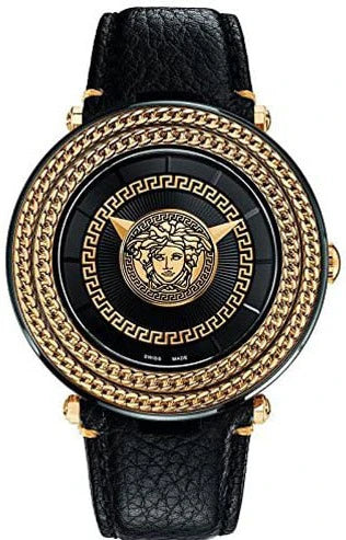 Versace V-Metal Icon Black Dial Black Leather Strap Watch- VQL030015