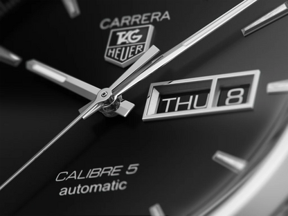 Tag Heuer Carrera Calibre 5 Automatic Black Dial Silver Steel Strap Watch - WAR201A.BA0723