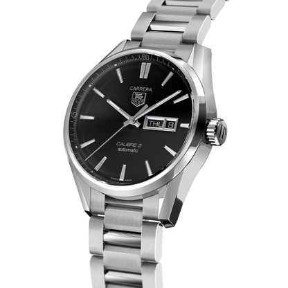 Tag Heuer Carrera Calibre 5 Automatic Black Dial Silver Steel Strap Watch - WAR201A.BA0723
