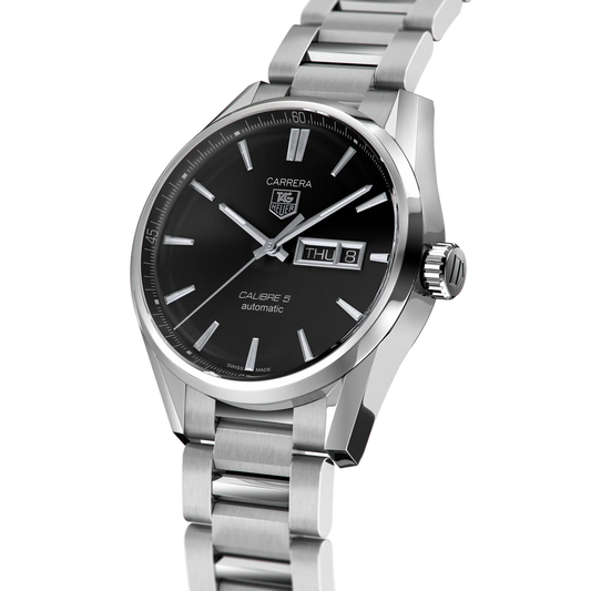 Tag Heuer Carrera Calibre 5 Automatic Black Dial Silver Steel Strap Watch - WAR201A.BA0723