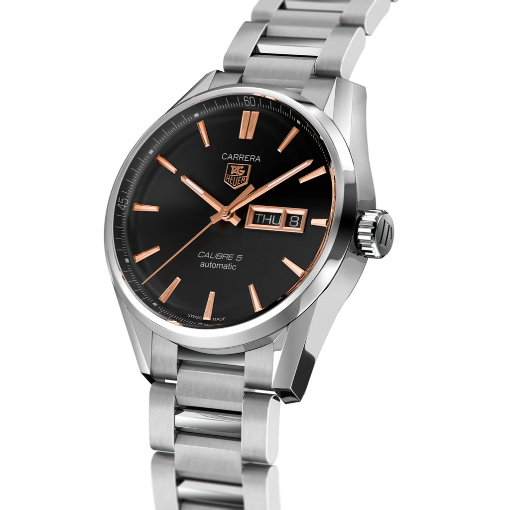 Tag Heuer Carrera Calibre 5 Automatic Black Dial Silver Steel Strap Watch- WAR201C.BA0723