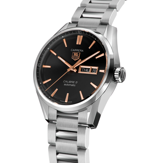 Tag Heuer Carrera Calibre 5 Automatic Black Dial Silver Steel Strap Watch- WAR201C.BA0723