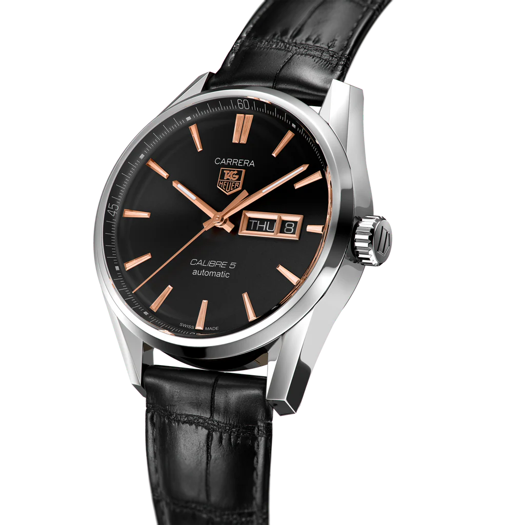 Tag Heuer Carrera Calibre 5 Automatic Black Dial Black Leather Strap Watch- WAR201C.FC6266