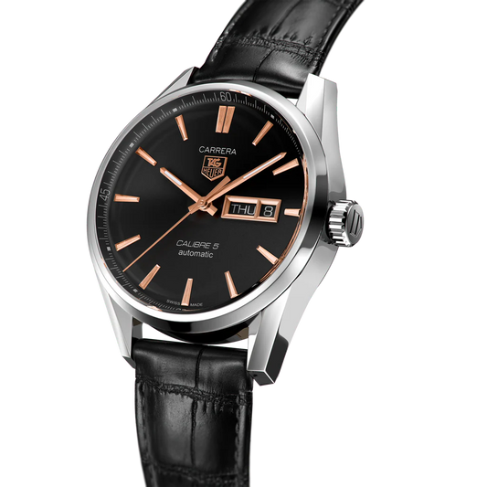Tag Heuer Carrera Calibre 5 Automatic Black Dial Black Leather Strap Watch- WAR201C.FC6266