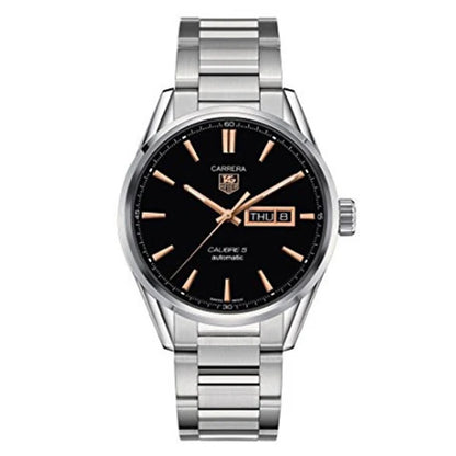 Tag Heuer Carrera Calibre 5 Automatic Black Dial Silver Steel Strap Watch- WAR201C.BA0723