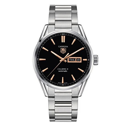 Tag Heuer Carrera Calibre 5 Automatic Black Dial Silver Steel Strap Watch- WAR201C.BA0723