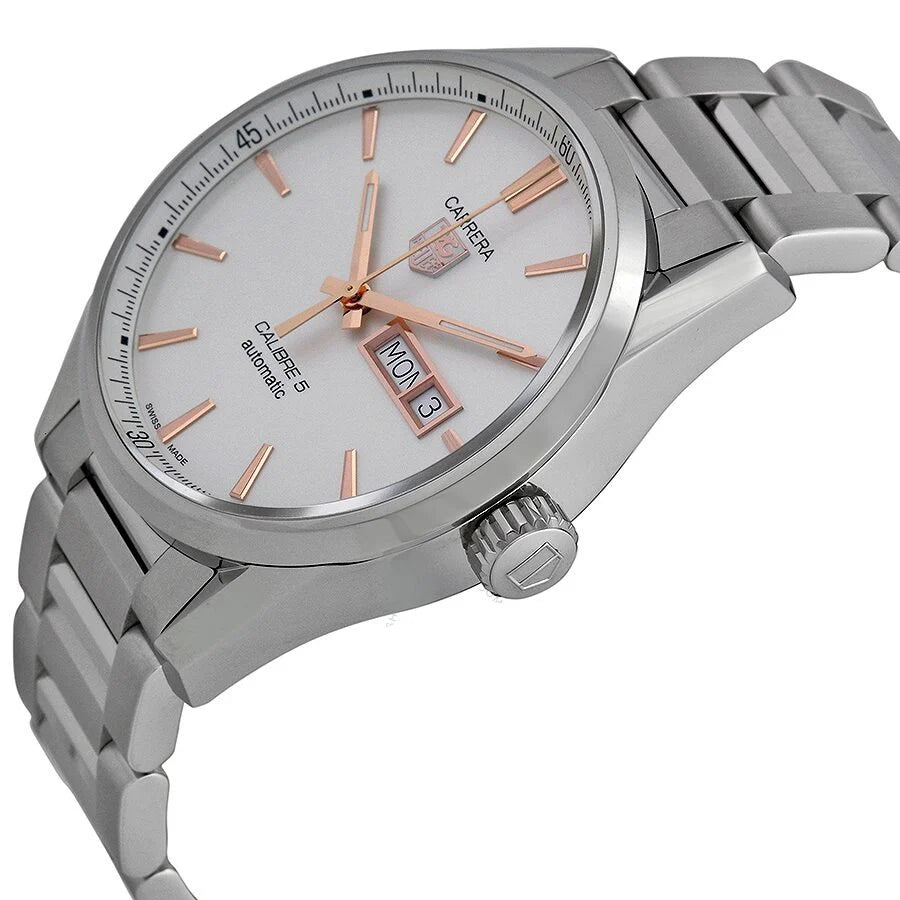 Tag Heuer Carrera Calibre 5 White Dial Silver Steel Strap Watch- WAR201D.BA0723