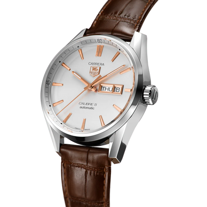 Tag Heuer Carrera Calibre 5 Automatic White Dial Brown Leather Strap Watch- WAR201D.FC6291