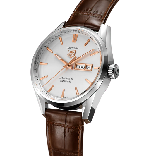 Tag Heuer Carrera Calibre 5 Automatic White Dial Brown Leather Strap Watch- WAR201D.FC6291