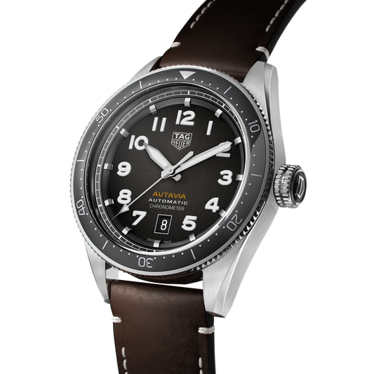 Tag Heuer Autavia Automatic Grey Dial Brown Leather Strap Watch- WBE5114.FC8266