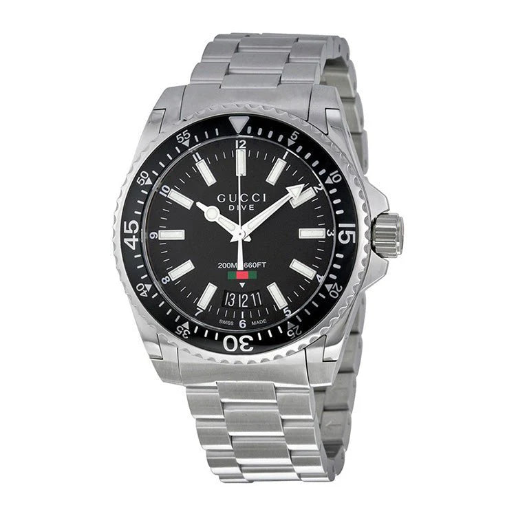 Gucci Dive Quartz Black Dial Silver Steel Strap Watch - YA136301