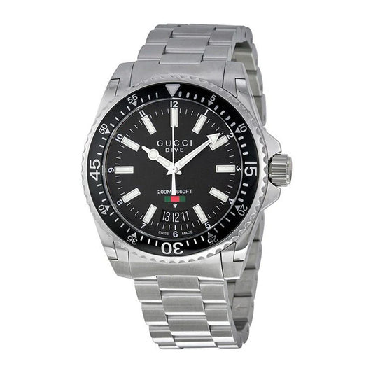 Gucci Dive Quartz Black Dial Silver Steel Strap Watch - YA136301